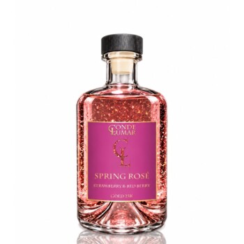 Conde Lumar Spring Rosé, botella con líquido rosa y oro de 23 quilates