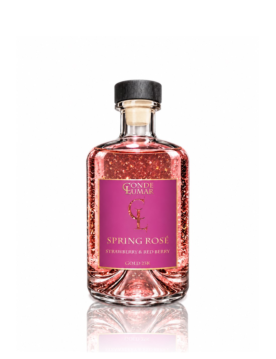 Conde Lumar Spring Rosé, botella con líquido rosa y oro de 23 quilates