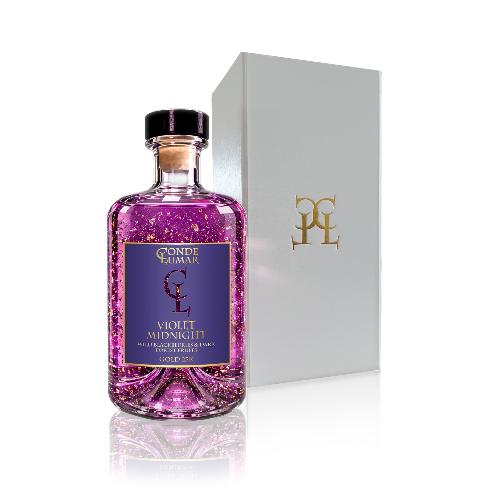 Botella Violet Midnight con láminas de oro 23K junto a su estuche de regalo blanco