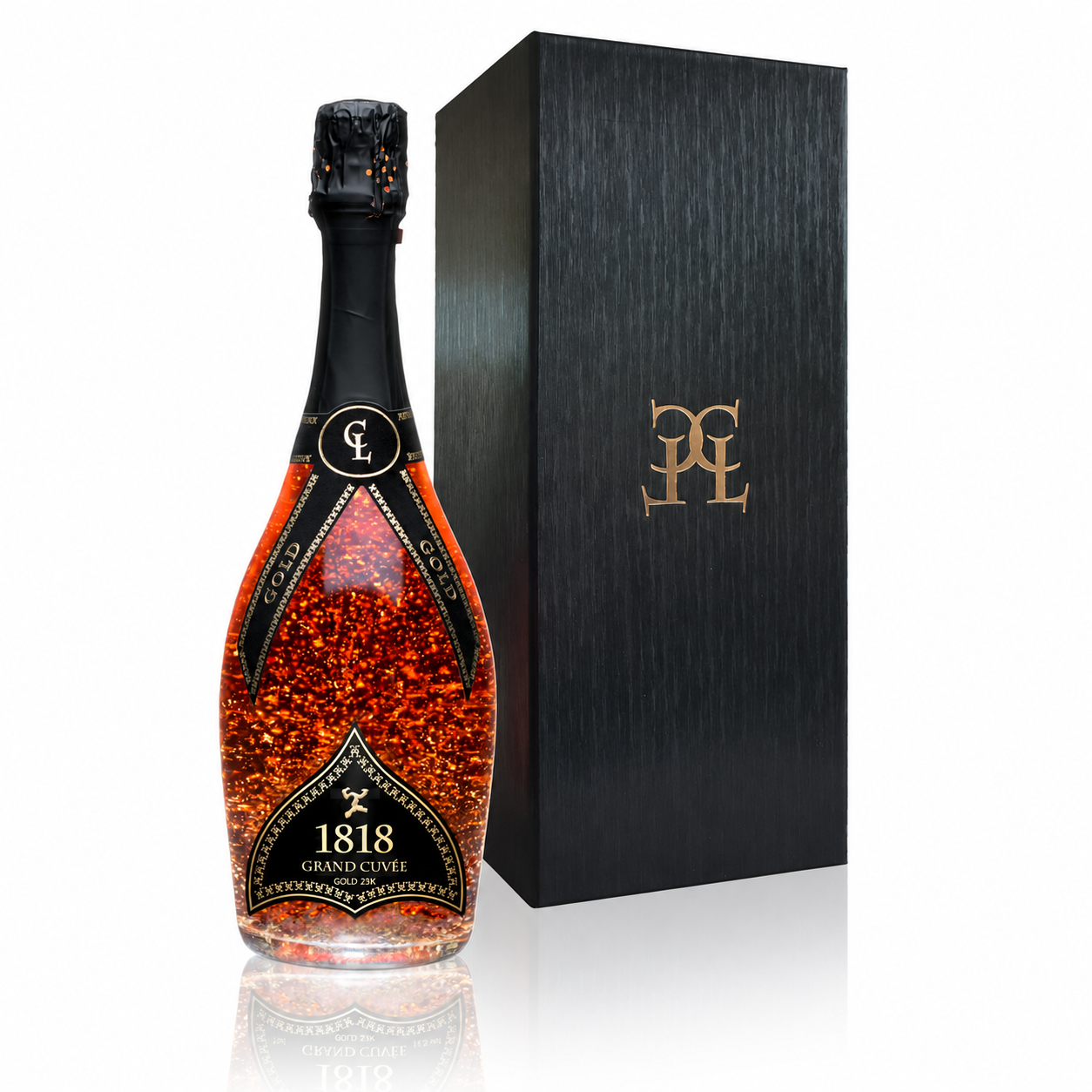 Botella de cava rosado 1818 con partículas doradas y estuche negro